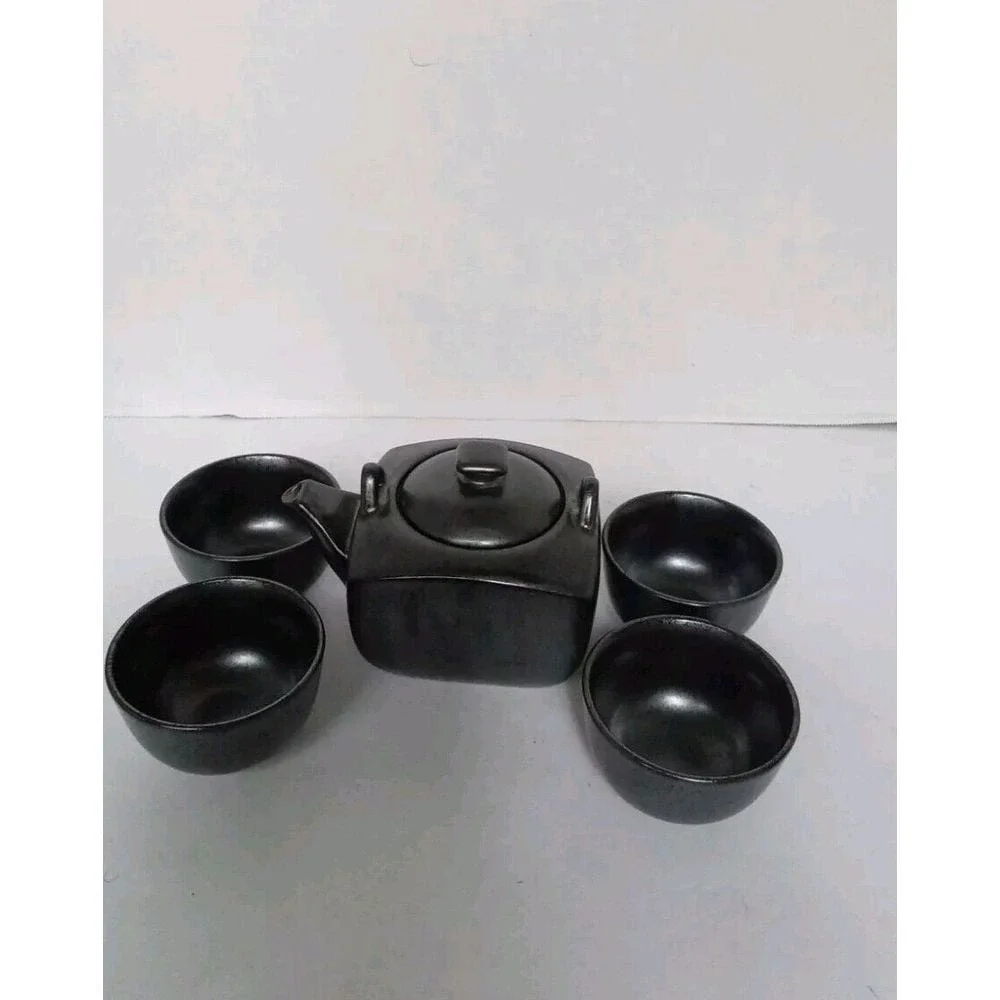 Matte Black Ceramic Tea Set 5pc Square‎ Teapot and 4 Tea Cups Minimalist Modern